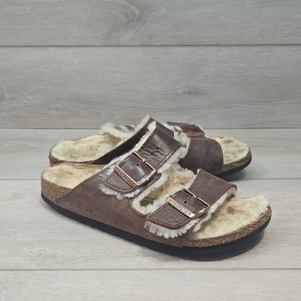 Birkenstock Women Arizona Brown Shearling-Lined Sandals Shoes Sz 39/8 Narrow